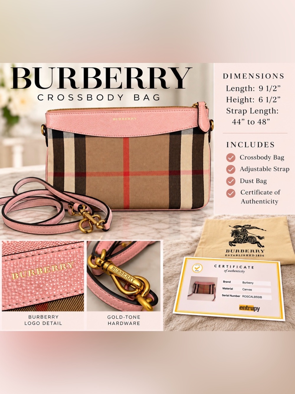Burberry House Check Canvas Pink Leather Crossbody Bag - Entrupy Authenticated
